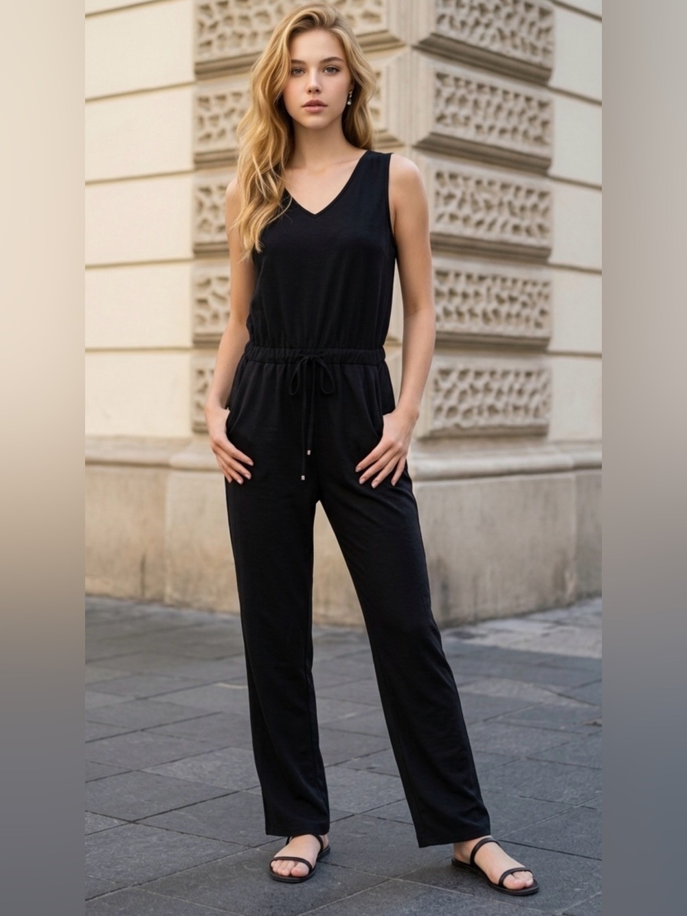 V-Neck Black Drawstring Waist Sleeveless Jumpsuit
